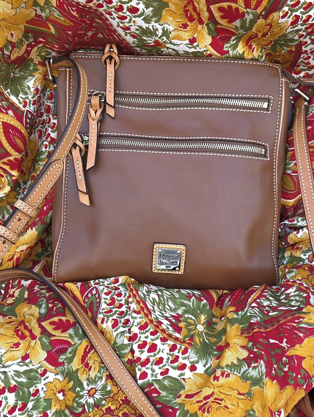 Dooney & Bourke Chestnut Brown Leather Messenger with Twin Zips